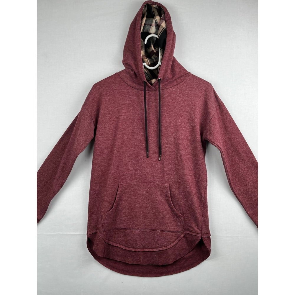 Maurices Hoodie Womens XS Burgundy Red Plaid Elbow Patch High Low Pullover Sweat
